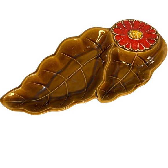 Vintage Ceramic Serving Dish Brown Red Flower *read* - Picture 1 of 9